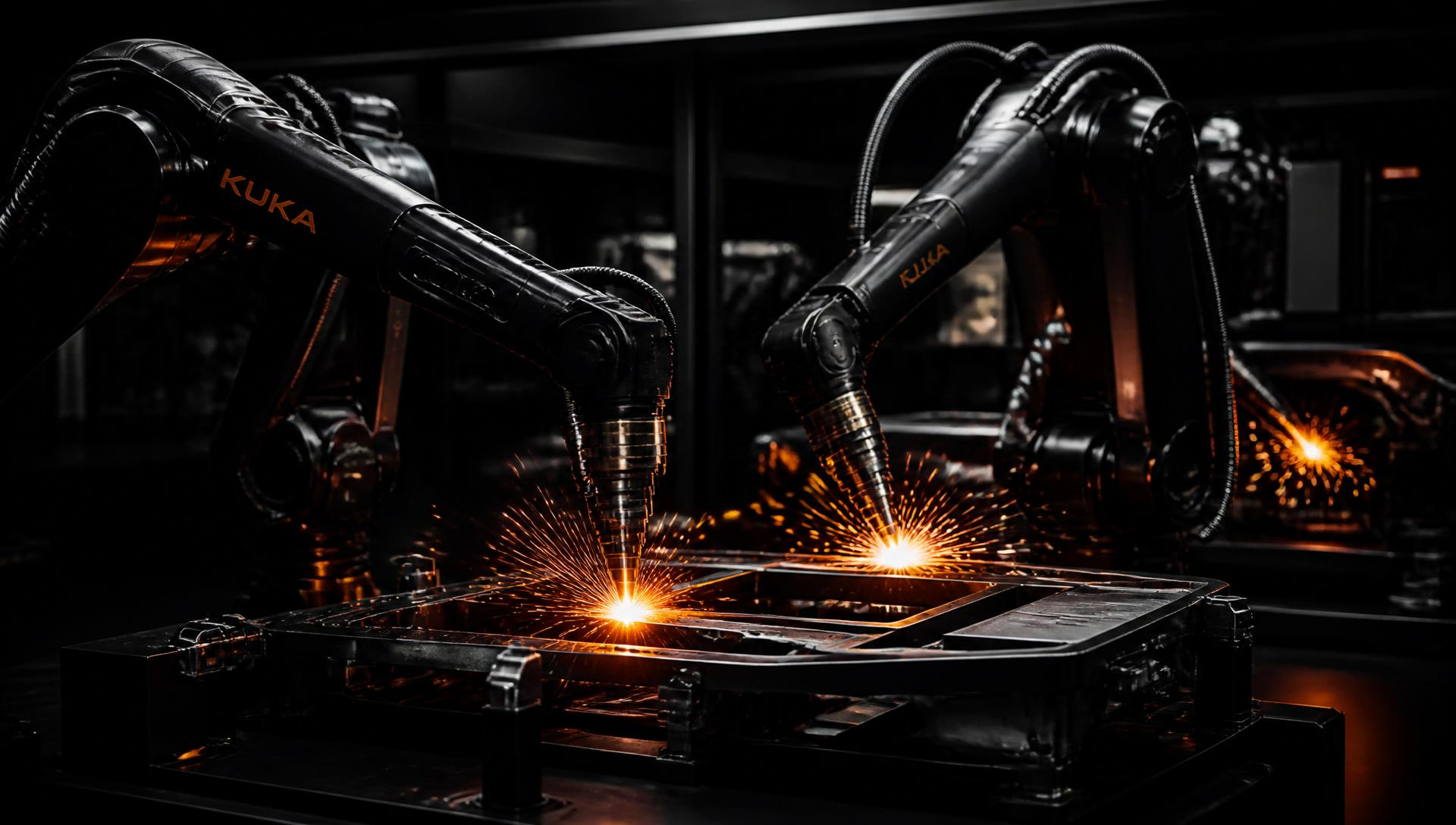 Robotic welding arms operating inside a smart factory