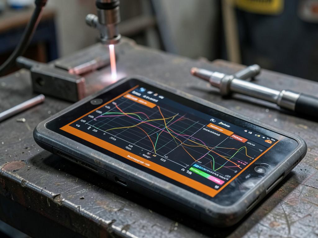 Rugged tablet showing welding parameter data logging graphs